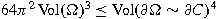 $64\pi^2 \operatorname{Vol}(\Omega)^3  \leq \operatorname{Vol}(\partial \Omega \sim \partial C)^4$